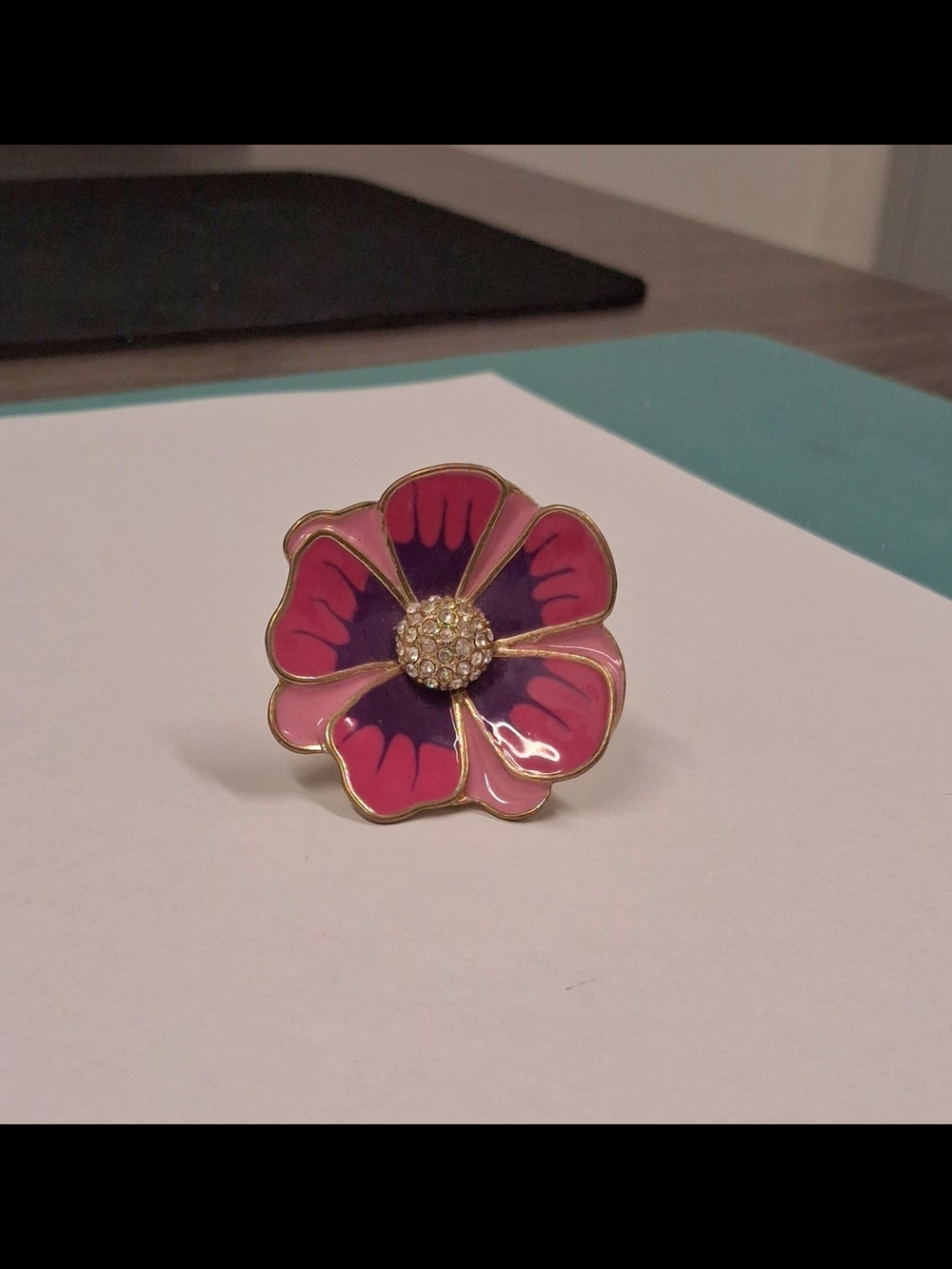 Pink & Purple Floral Statement stretch Ring with Crystal Center